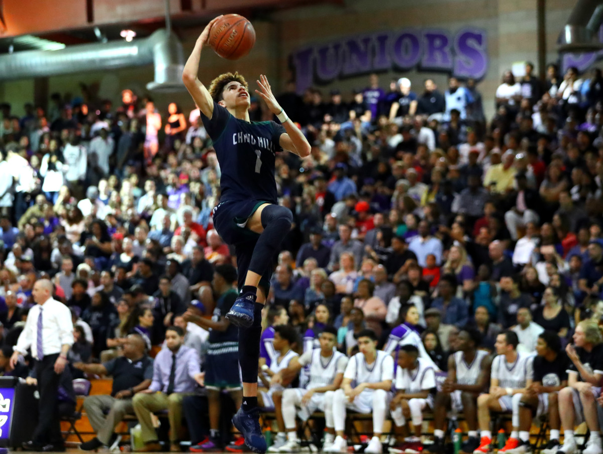 Chino Hills Huskies guard LaMelo Ball (1) against the Rancho Cucamonga Cougars at Rancho Cucamonga High School.